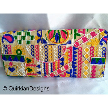 Beige Fabric Clutch Purse With Floral Embroidery In Green, Yellow, Blue And Pink & Pearl Beads Detail, Wedding Clutch, Boho Clutch